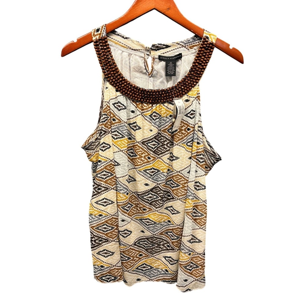 Grace Elements Beaded Halter Blouse Tank Top Womens XL Multicolor Geometric NWT